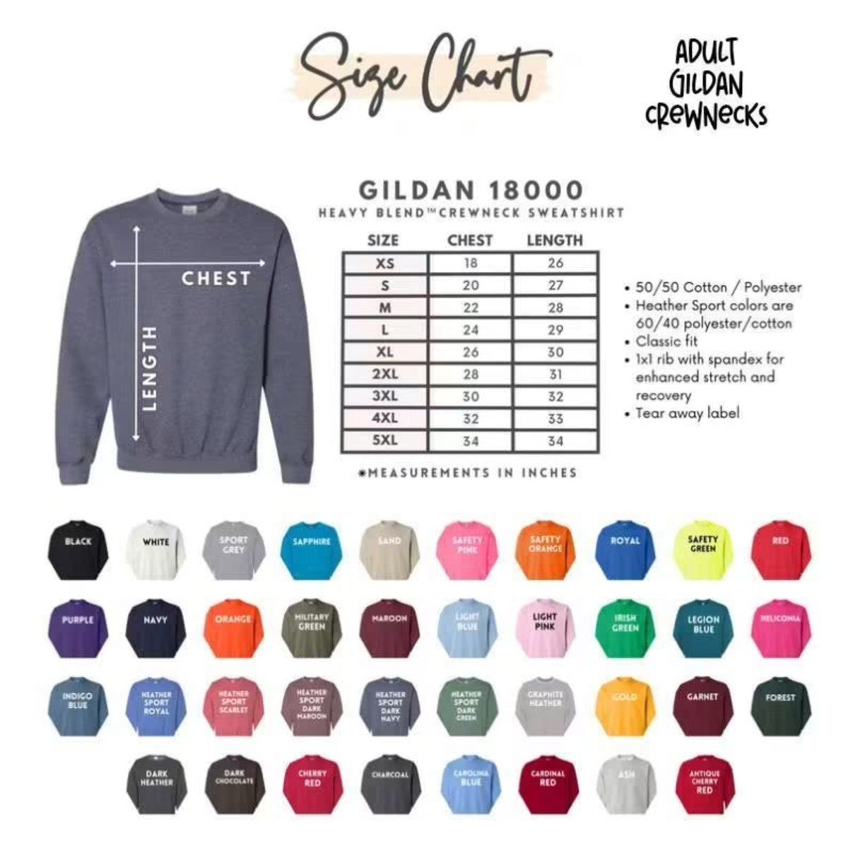 Gildan G180 adult crewneck size and color chart
