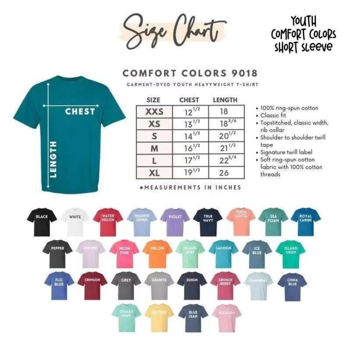 Comfort Colors 9018 youth short sleeve size and color chart