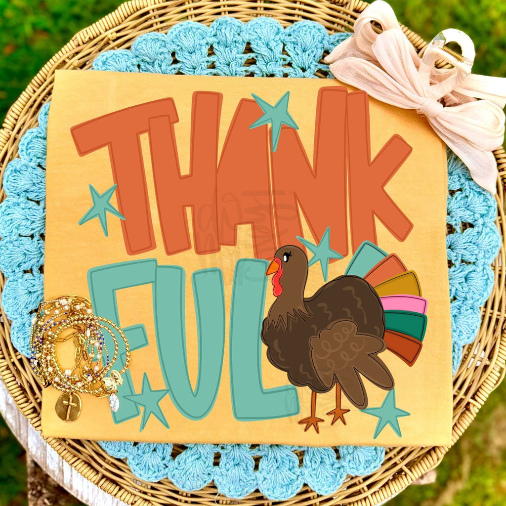 Thankful turkey Thanksgiving design on a Mustard Comfort Colors shirt