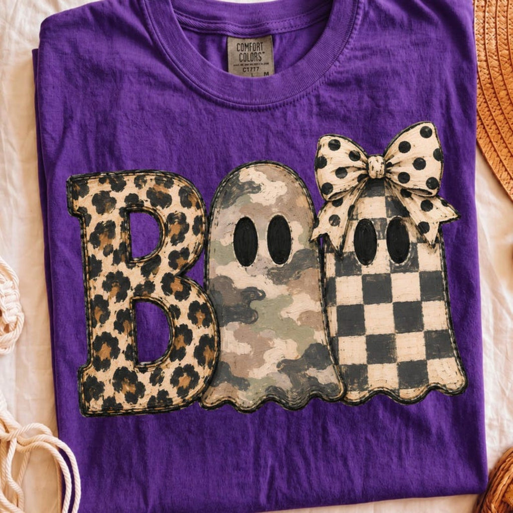 BOO design on Violet Comfort Colors shirt