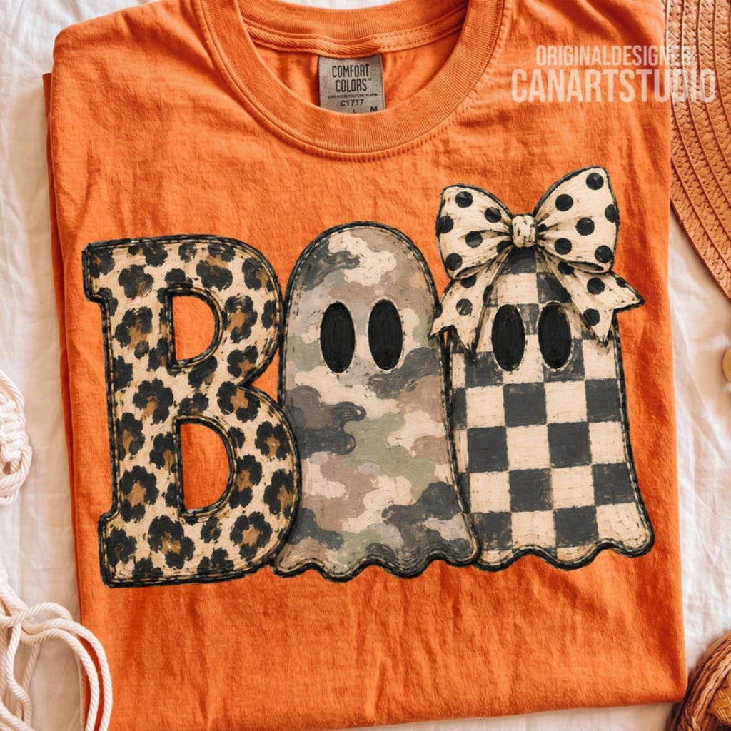 BOO design on Tangerine Comfort Colors shirt