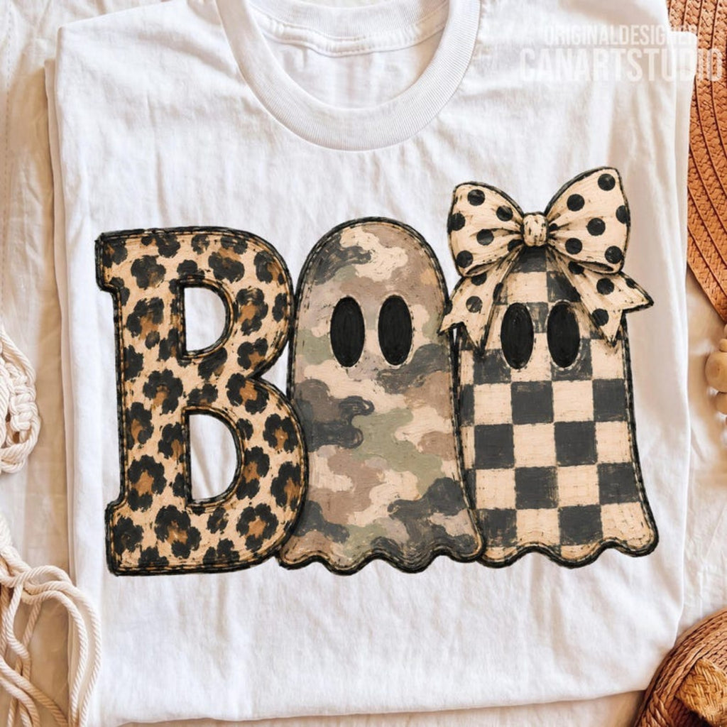 BOO design on White Comfort Colors shirt