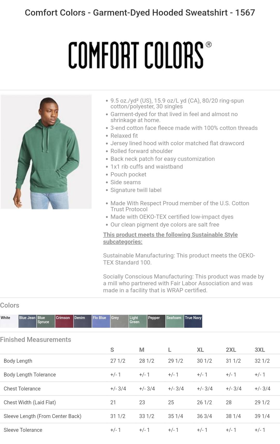Comfort Colors 1567 adult hooded sweatshirt color and size chart