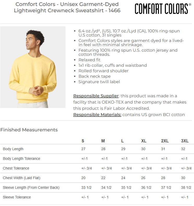 Comfort Colors 1466 lightweight crewneck sweatshirt size chart
