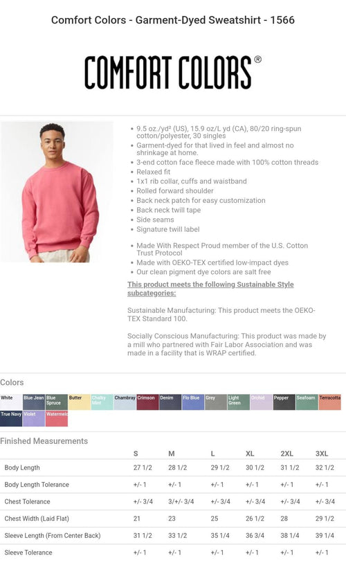 Comfort Colors 1566 adult crewneck sweatshirt color and size chart