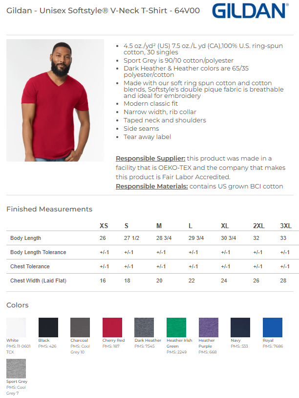 Gildan 64V00 V-Neck T-Shirt color and size chart