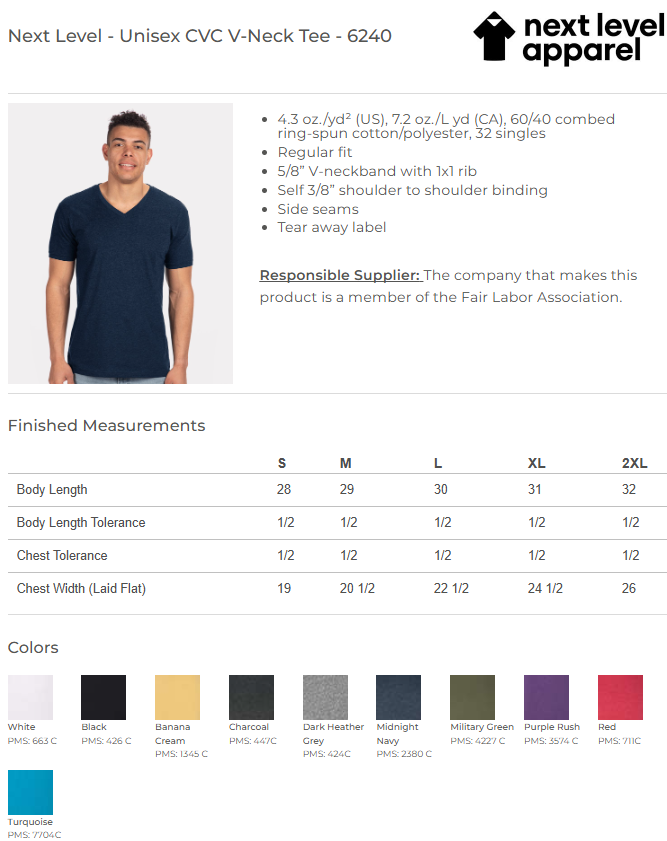 Next Level 6240 CVC V-Neck Tee color and size chart