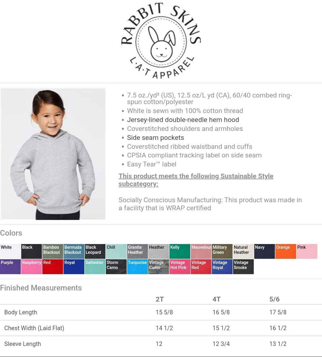Rabbit Skins 3326 toddler fleece hoodie color and size chart