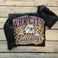 Black Gildan crewneck featuring Ark City Bulldogs bulldog mascot with purple and gold distressed varsity design