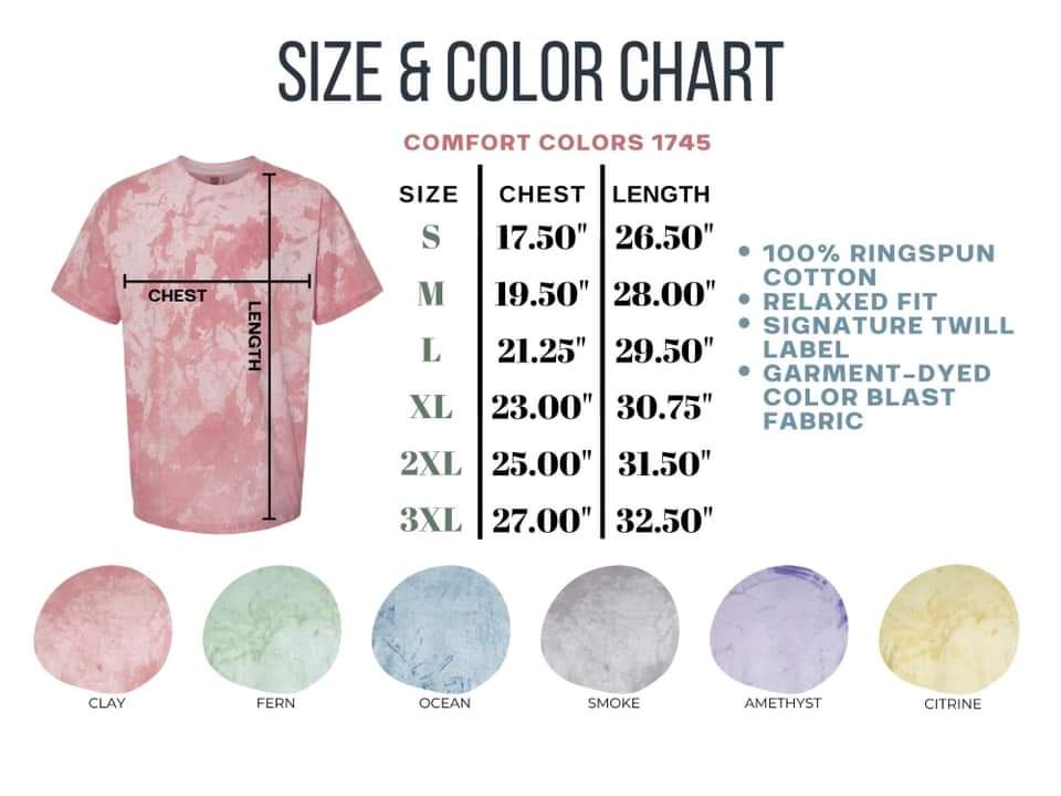 Comfort Colors 1745 Color Blast adult short sleeve size and color chart
