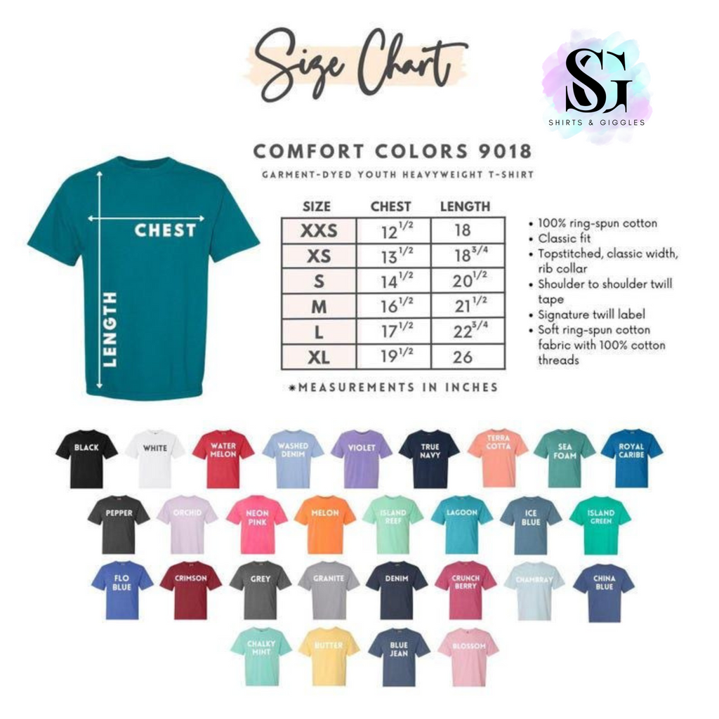 Comfort Colors 9018 youth short sleeve size and color chart