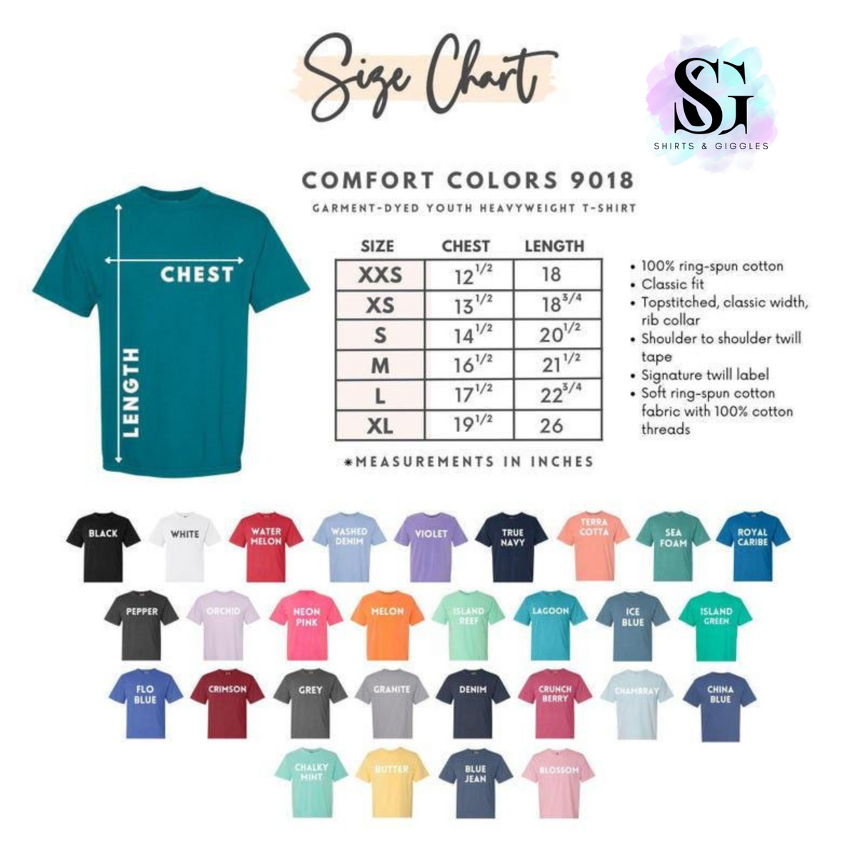 Comfort Colors 9018 youth short sleeve size and color chart