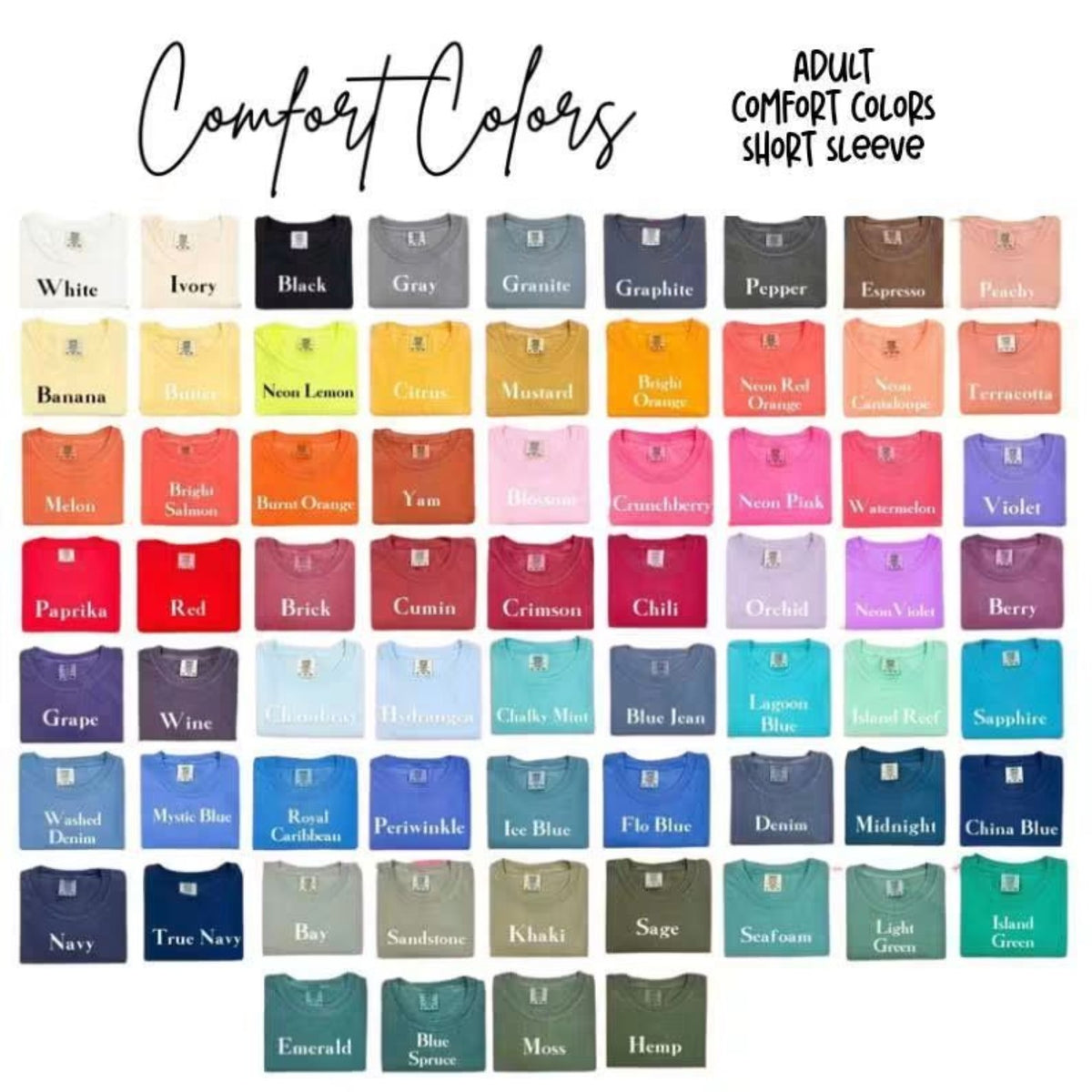 Adult Comfort Colors short sleeve color chart