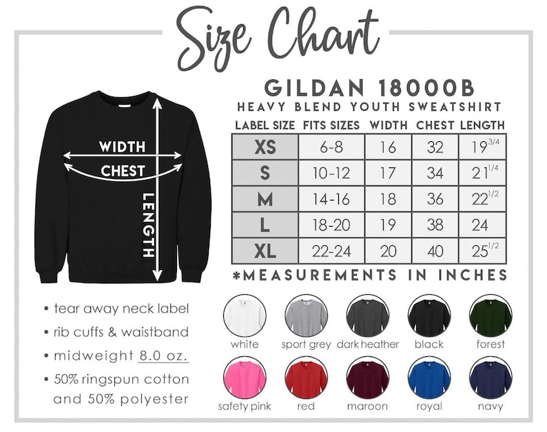 Gildan 18000B youth crewneck sweatshirt size and color chart