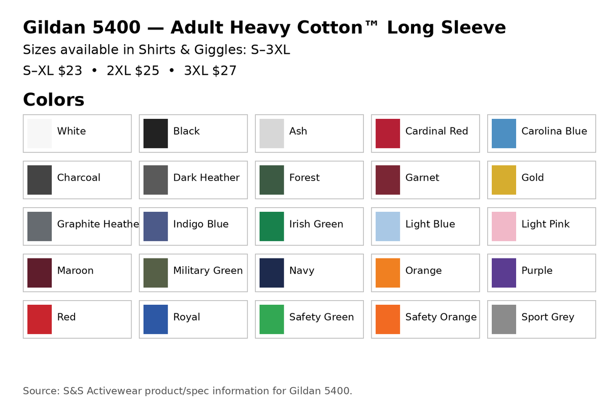 Gildan 5400 adult long sleeve color and size chart