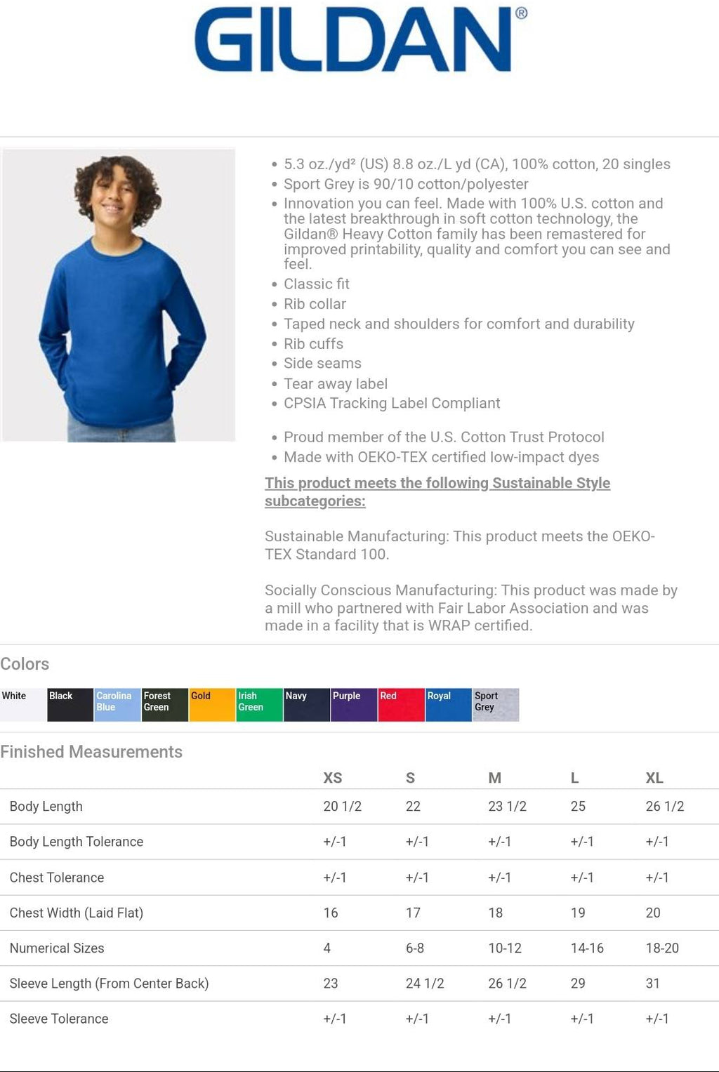 Gildan 5400B Youth Heavy Cotton long sleeve T-shirt color and size chart
