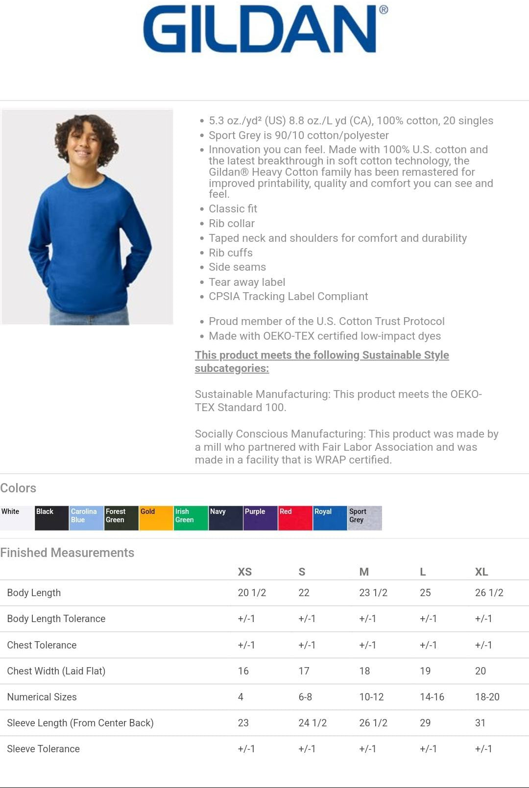 Gildan 5400B Youth Heavy Cotton long sleeve T-shirt color and size chart