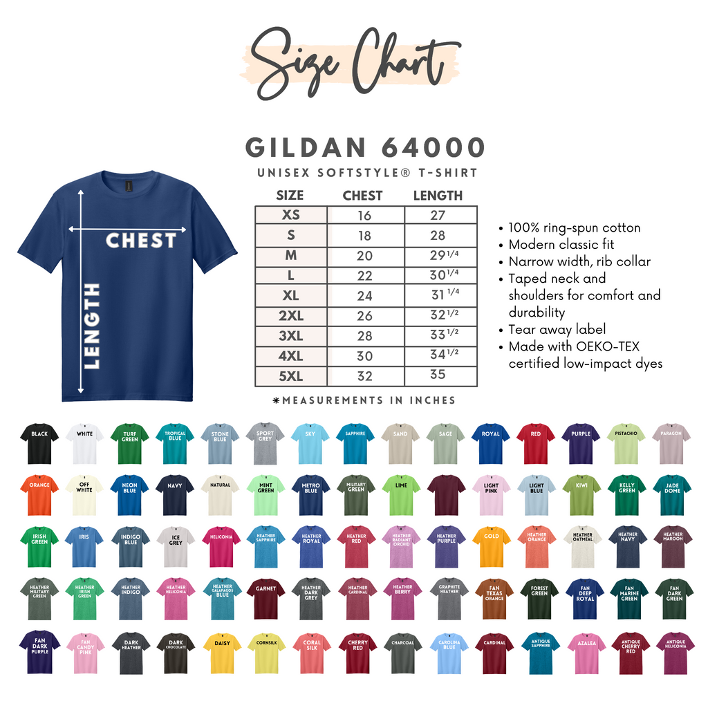 Gildan 64000 adult short sleeve size and color chart