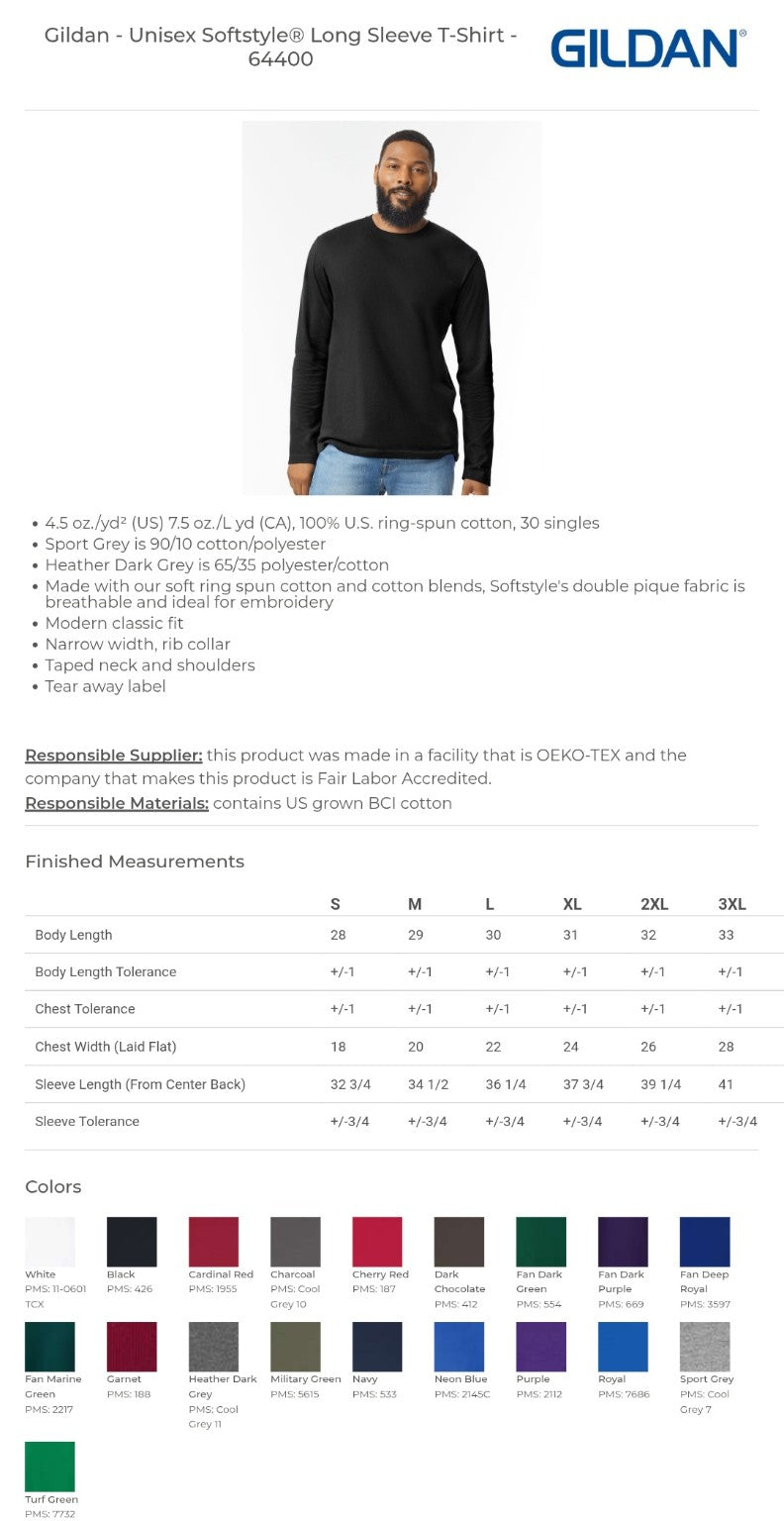 Gildan 64400 adult long sleeve size and color chart