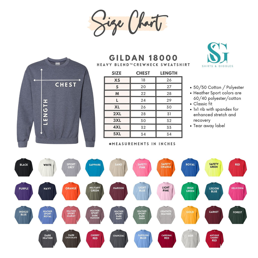 Gildan 18000 adult crewneck sweatshirt color and size chart