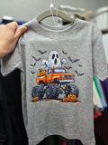 Gray Rabbit Skins toddler t-shirt with Halloween monster truck ghost bats and pumpkins