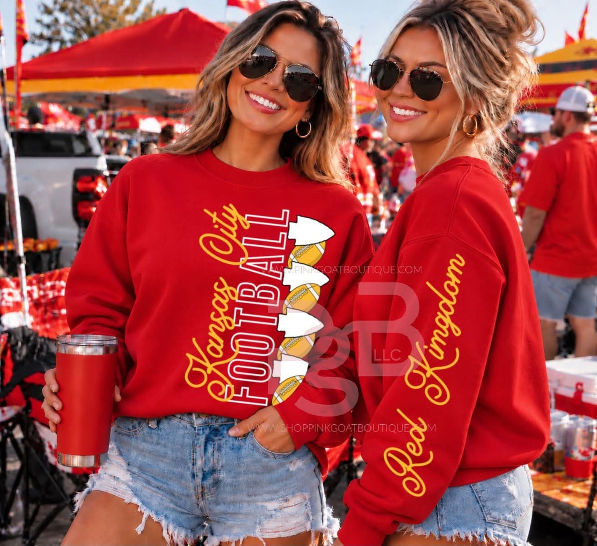 Kansas City Football Red Kingdom red crewneck sweatshirt with front football design and sleeve lettering