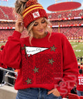 Red Gildan crewneck with Kansas City pennant, repeated Red Kingdom lettering, and leopard-print stars