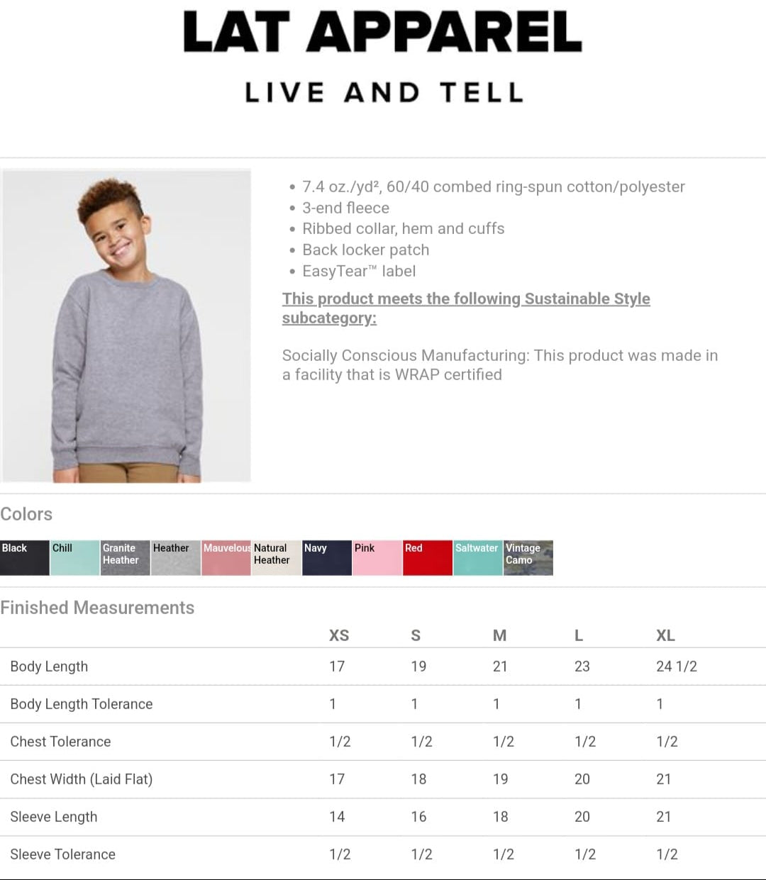 LAT Apparel 2225 youth elevated fleece crewneck sweatshirt color and size chart