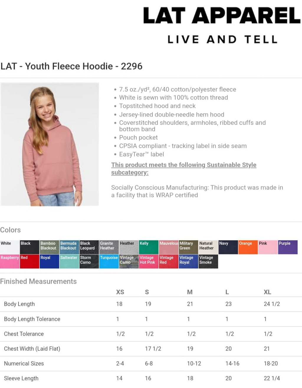 LAT Apparel 2296 youth fleece hoodie color and size chart