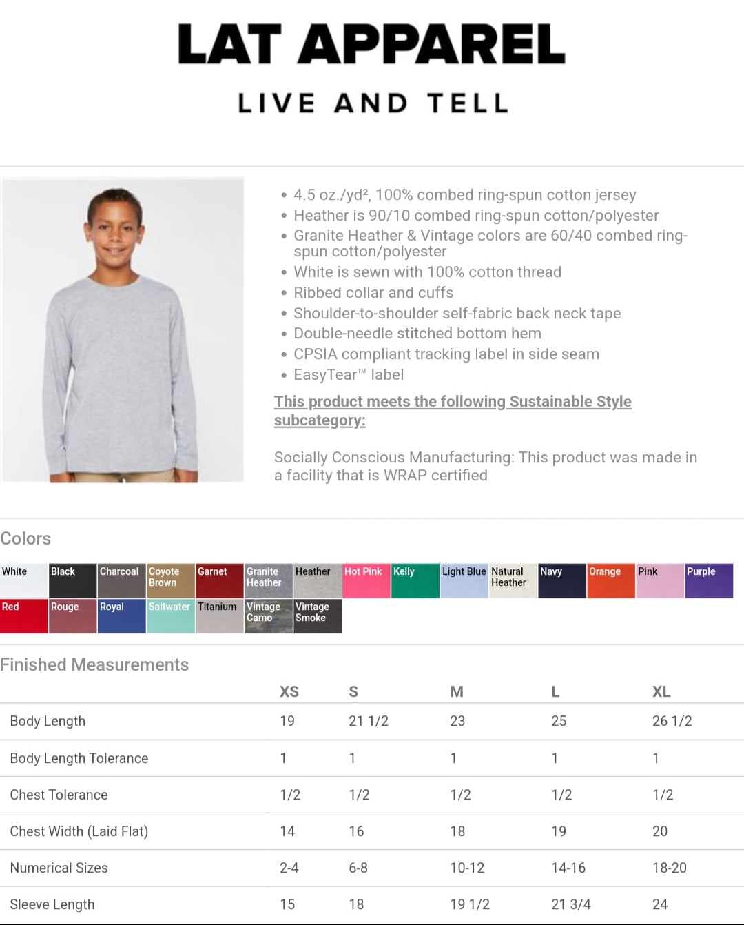 LAT Apparel 6201 youth fine jersey long sleeve tee color and size chart