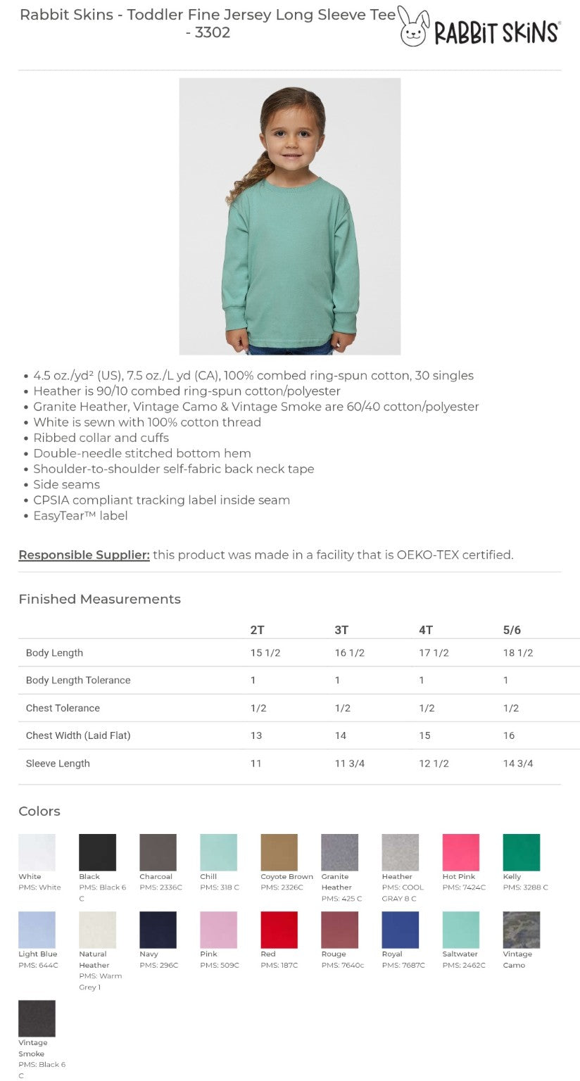 Rabbit Skins 3302 toddler long sleeve size and color chart