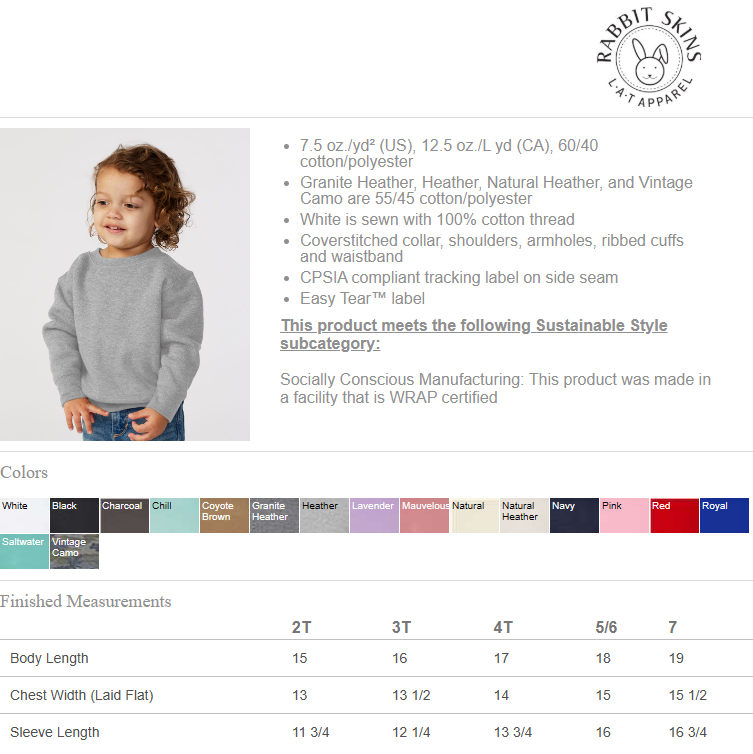 Rabbit Skins 3317 toddler fleece crewneck sweatshirt size and color chart