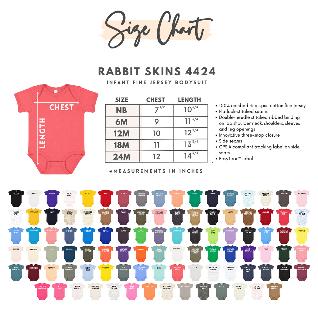Rabbit Skins 4424 infant fine jersey bodysuit size and color chart