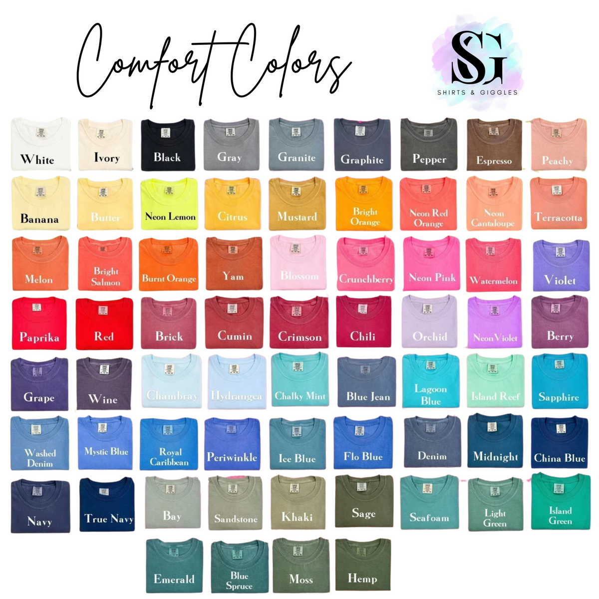 Comfort Colors adult short sleeve shirt color chart